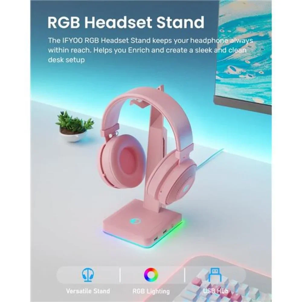 RGB Gaming Headset Stand with 2 USB Ports, Game Headphone Mount for PC, Xbox One